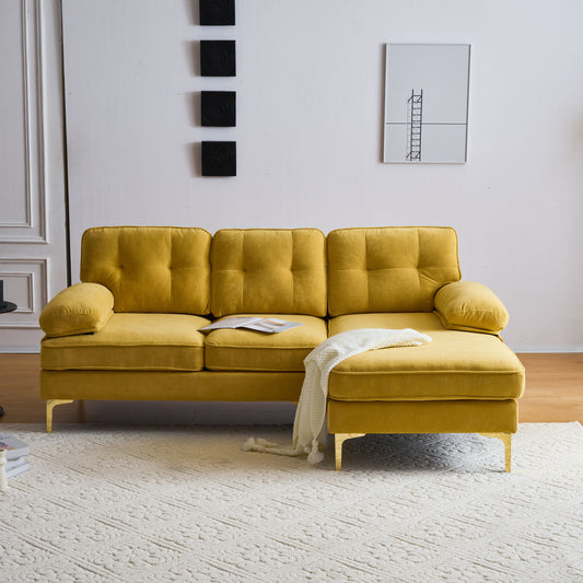 Modern Yellow Velvet L-Shaped Sectional Sofa for Living Room or Bedroom