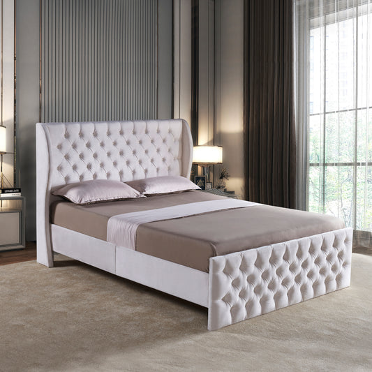 Queen Size Platform Bed Frame, Velvet Upholstered Sleigh Bed with Scroll Wingback Headboard & Footboard/Button Tufted/No Box Spring Required/Easy Assembly-White