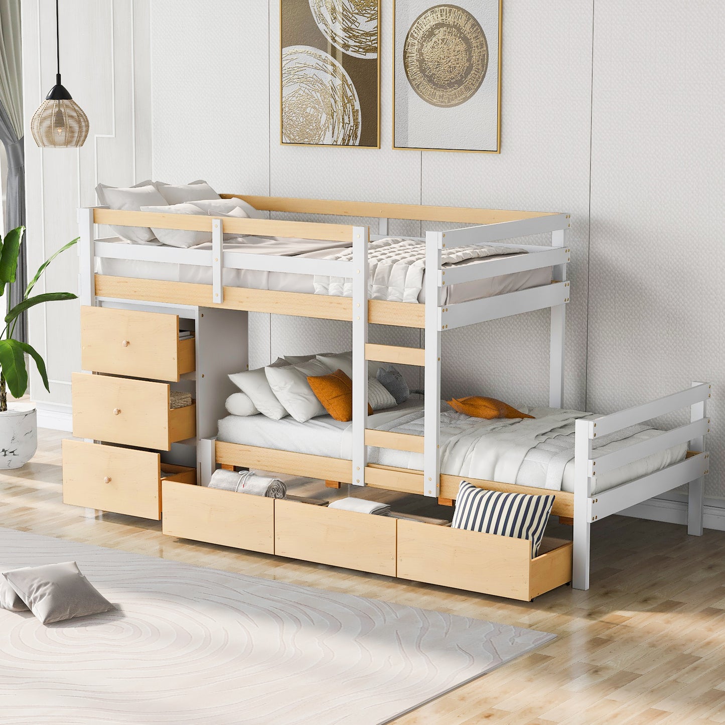 Natural Twin Loft Bunk Bed with Drawers, Ladder, and Dual Sleeping Space