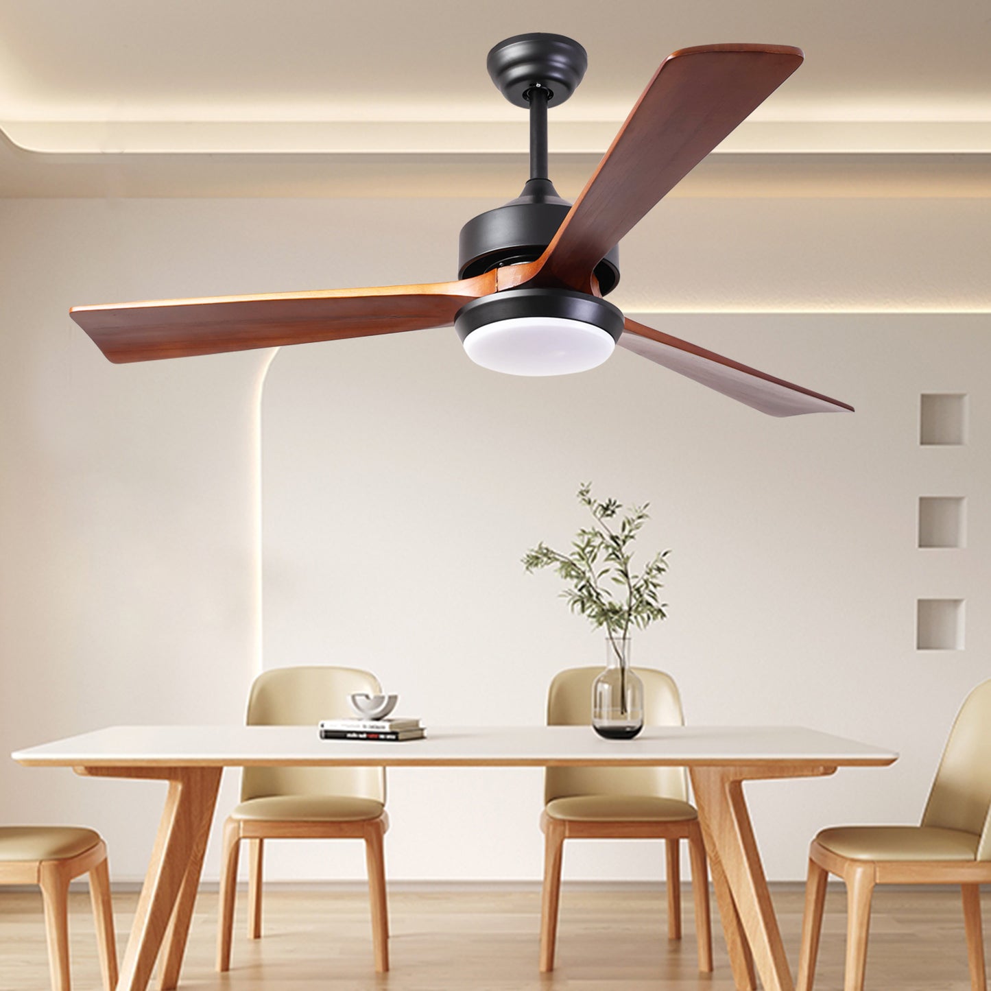 52 Natural Wood Ceiling Fan with Reversible Blades, Remote Control, and 6-Speed DC Motor