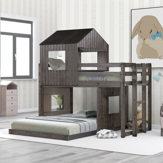 Wooden Twin Over Full Bunk Bed with Playhouse Design and Ladder - Antique Grey with Guardrails