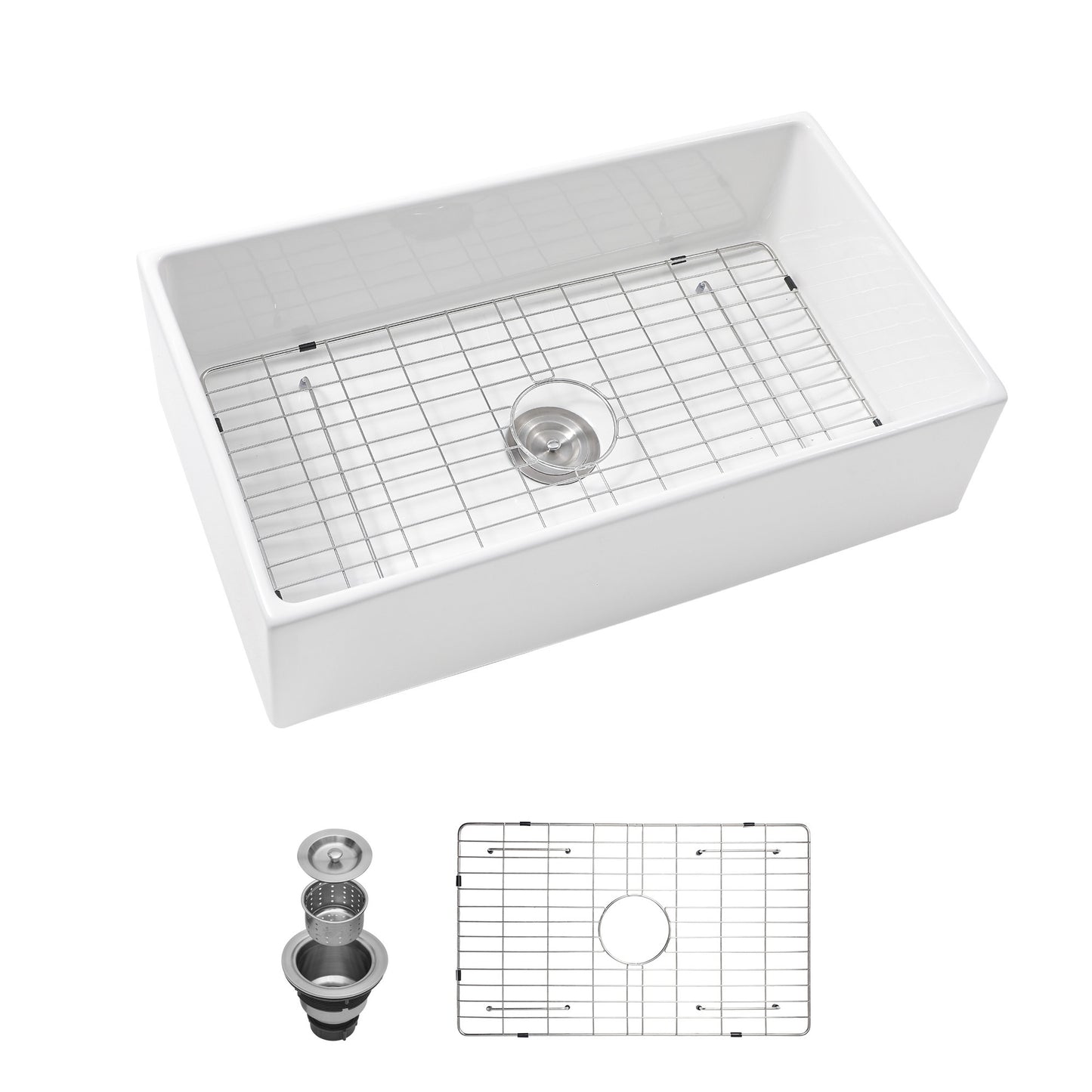 30-Inch White Farmhouse Sink with Stainless Steel Accessories