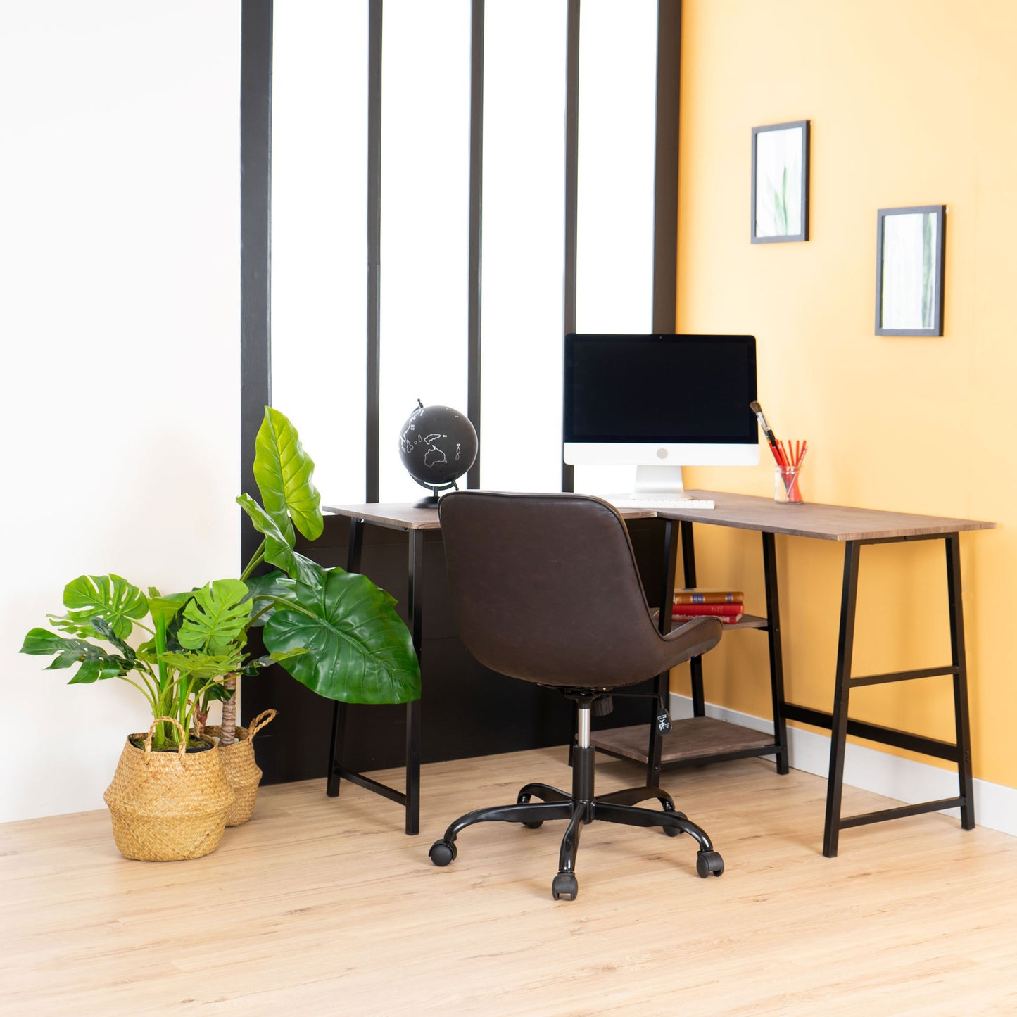 Rustic Vintage Brown L-Shaped Industrial Computer Desk with Open Shelves