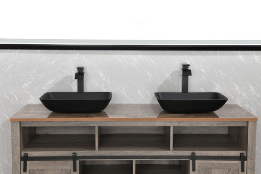 Black Matte Glass Vessel Bathroom Sink Set with Faucet and Drain