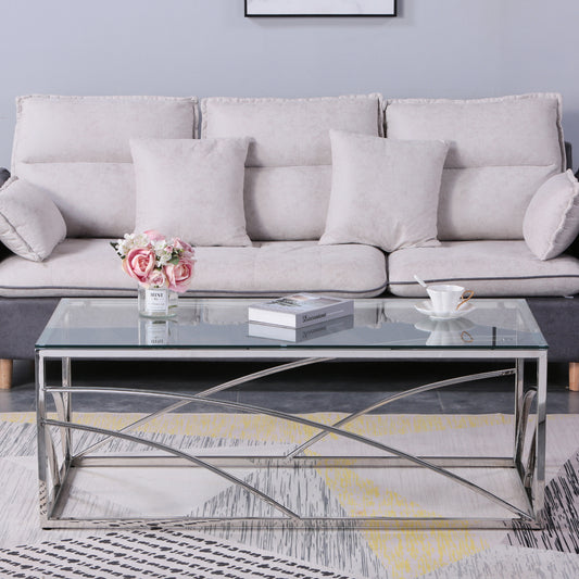 Modern Silver Stainless Steel Glass Coffee Table for Living Room