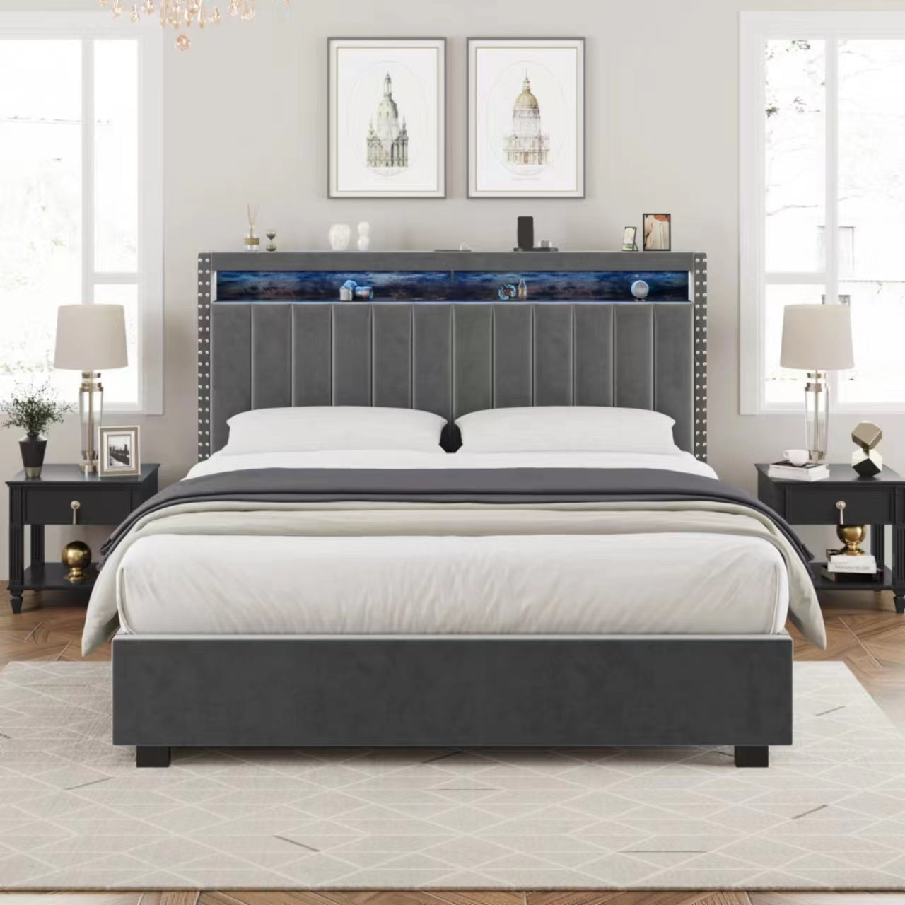 Luxury Gas Lift Storage Bed with RF LED Lights, Storage Headboard ,FULL Size ,Velvet GREY