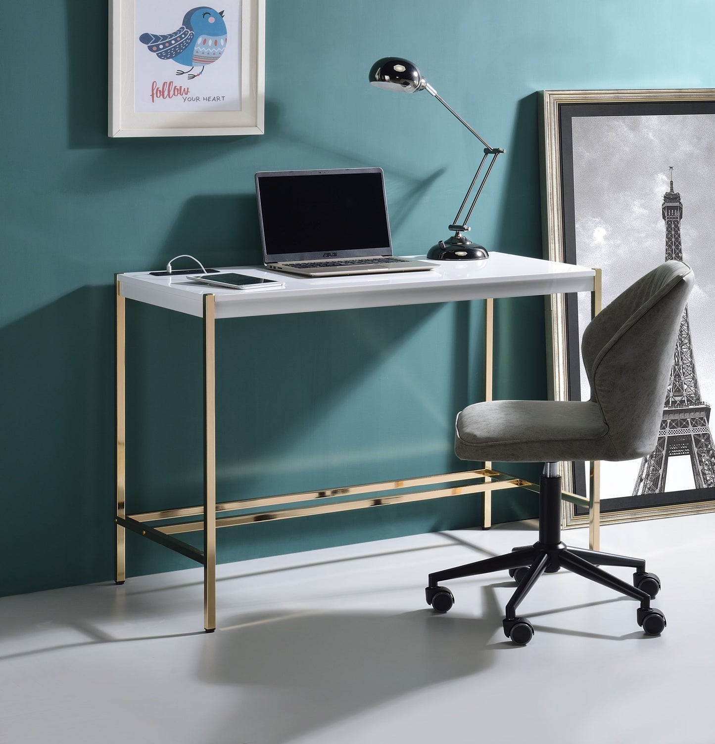 White and Gold Contemporary Writing Desk with USB Port - Midriaks OF00020