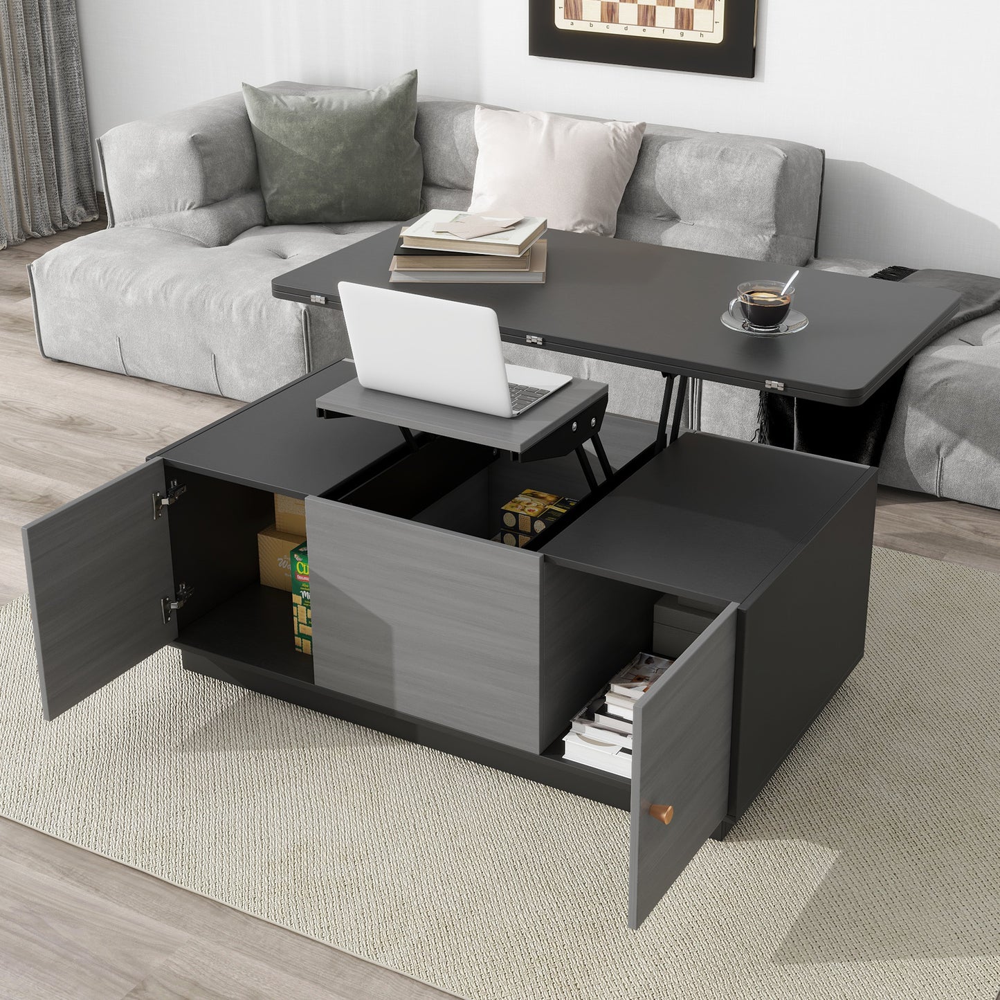 Extendable Lift-Top Coffee Table with Storage in Contemporary Gray