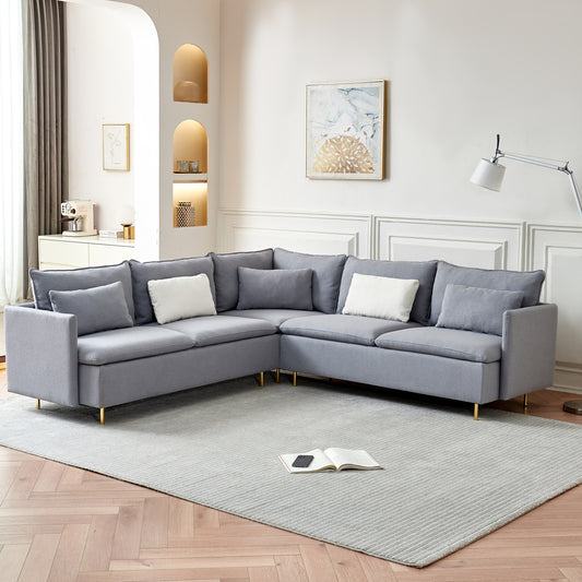 92 Luxurious Gray Modern L-Shaped Teddy Fabric Sectional Sofa with Supportive Waist Pillows for Home and Office