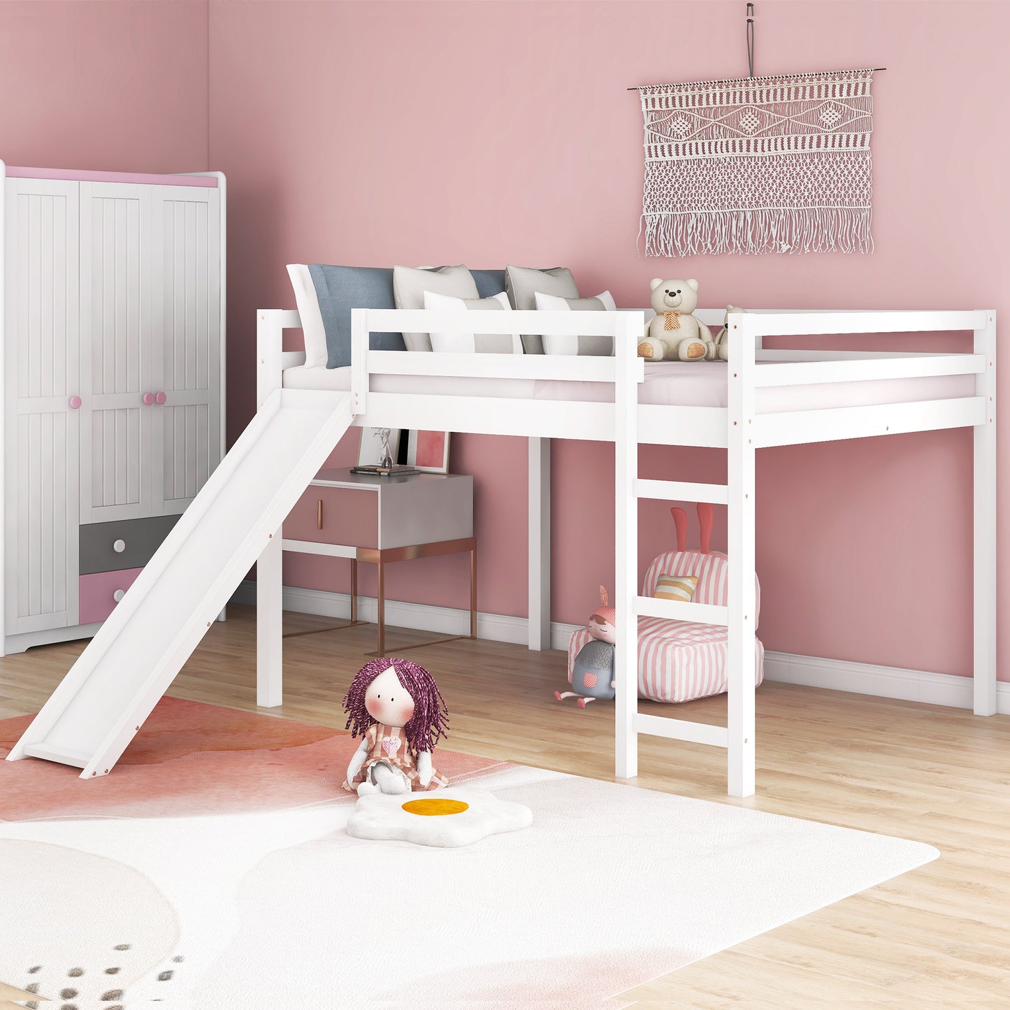 Loft Bed with Slide, Multifunctional Design, Full (White)( :WF281157AAK)