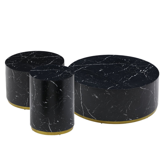 Contemporary Black Marble Pattern 3-Piece Round Coffee Table Set for Stylish Living Rooms