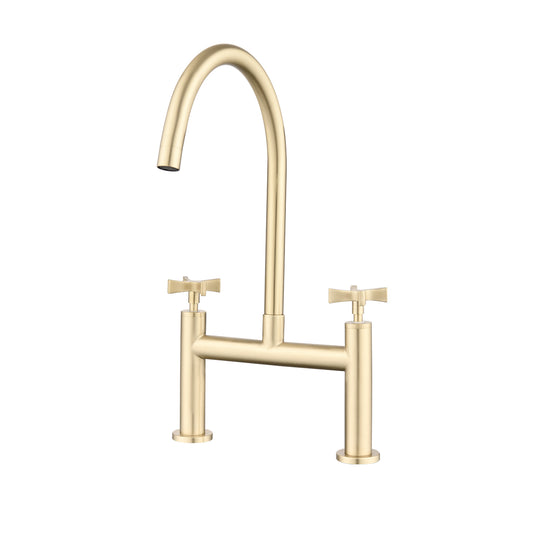 2 Handle Bridge Kitchen Faucet In Stainless Steel