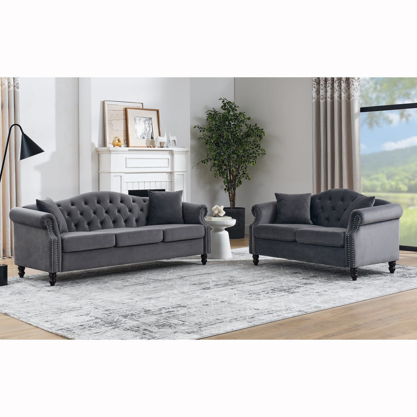 Luxurious Grey Velvet Chesterfield 3-Seater and 2-Seater Combination Sofa