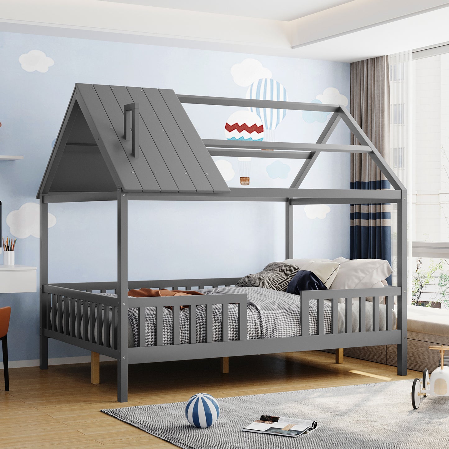 Full Size Wood House Bed with Fence, Gray