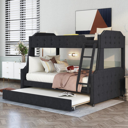 Black Velvet Upholstered Twin over Full Bunk Bed with Trundle and Button Tufted Design