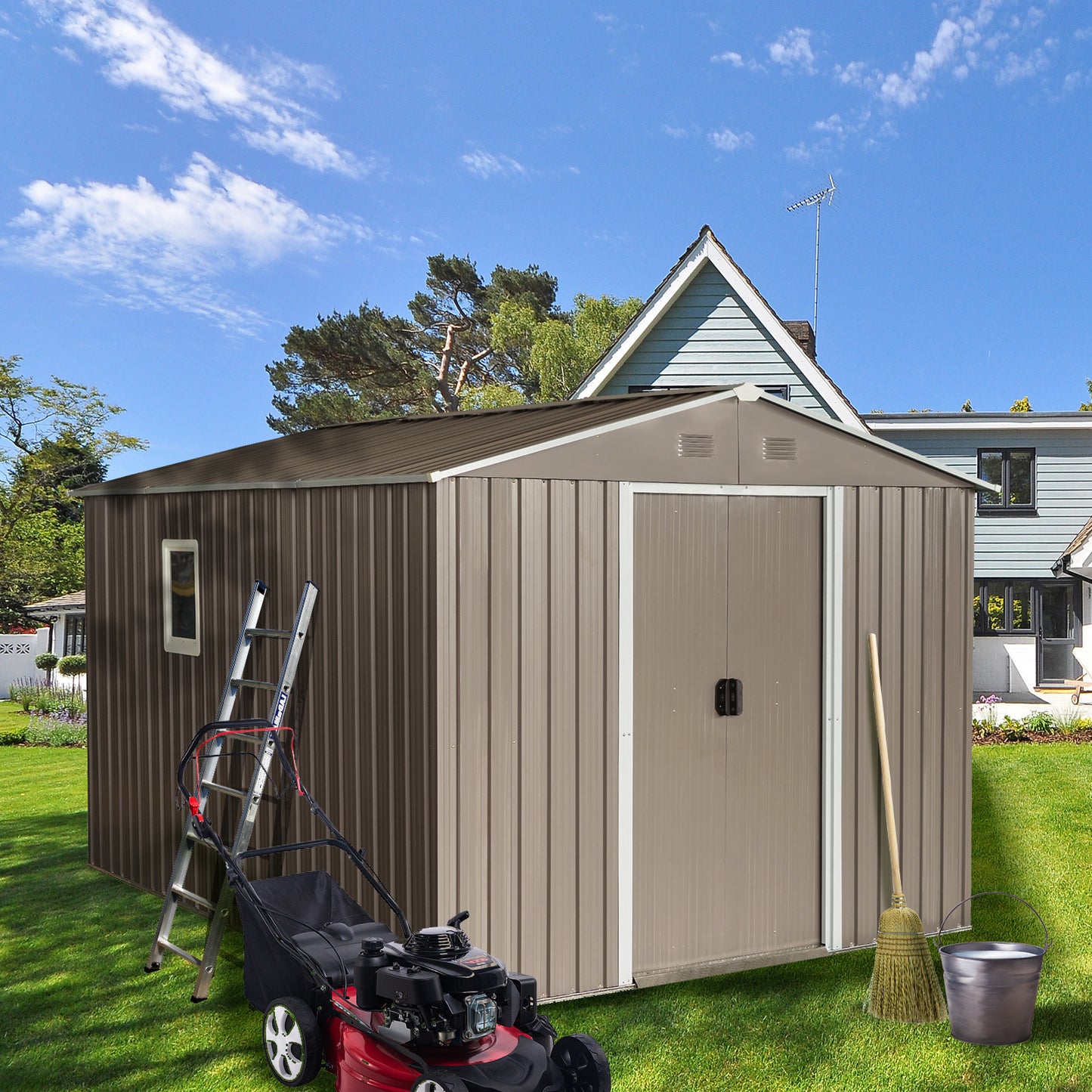 10ft x 8ft Outdoor Metal Storage Shed with Metal Floor Base,with Window,Grey