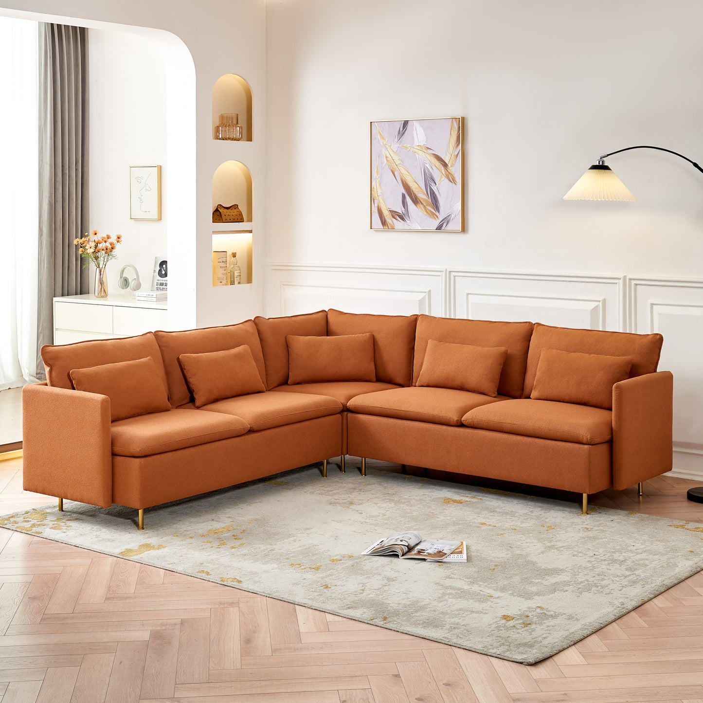 Modern Orange L-Shaped Sectional Sofa with Support Pillows