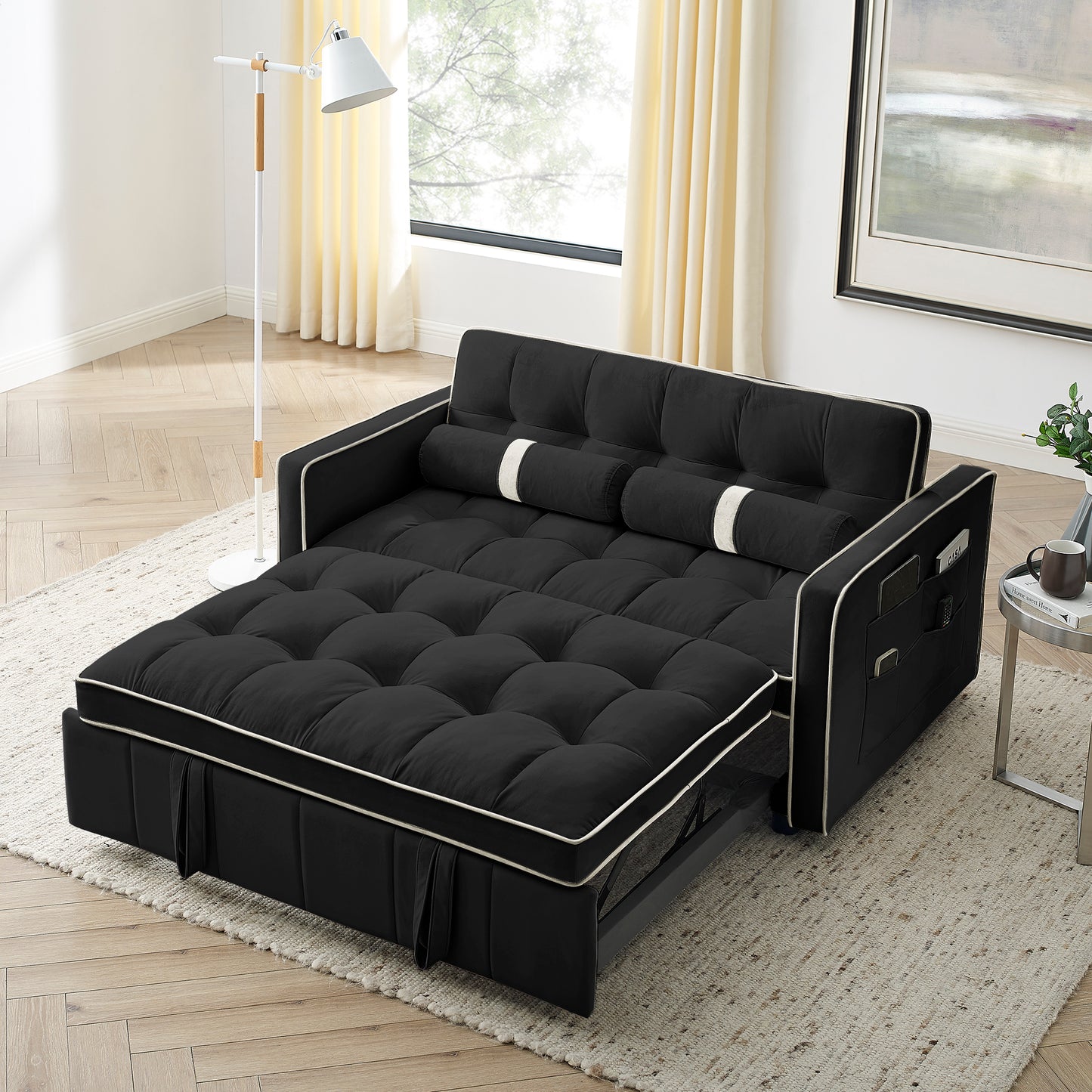 Modern 55.5" Pull Out Sleep Sofa Bed 2 Seater Loveseats Sofa Couch with side pockets, Adjsutable Backrest and Lumbar Pillows for Apartment Office Living Room