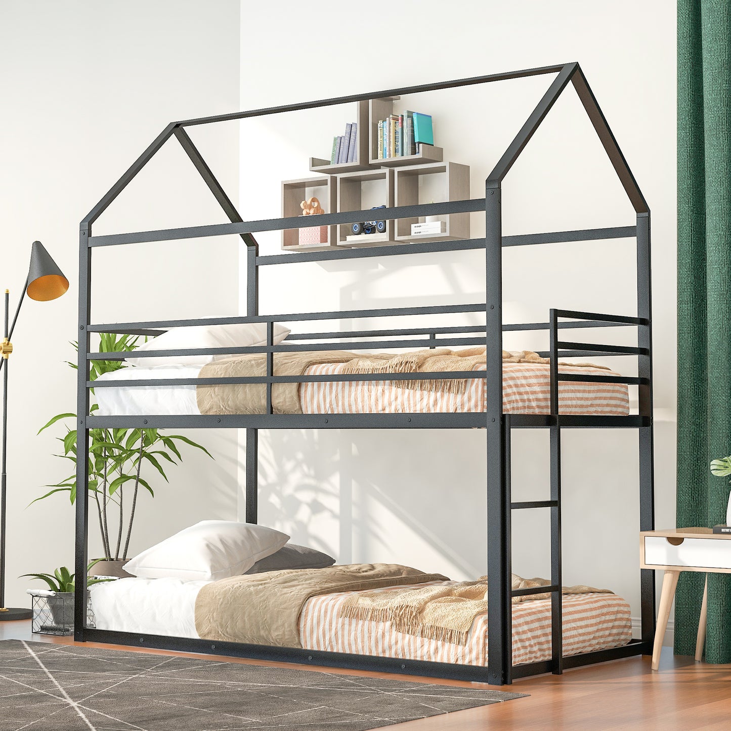 Kids' Twin House Bunk Bed with Ladder in Black