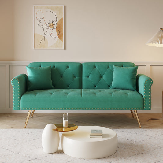 69.7 Green Velvet Sofa Bed with Nail Head Trim and Throw Pillow