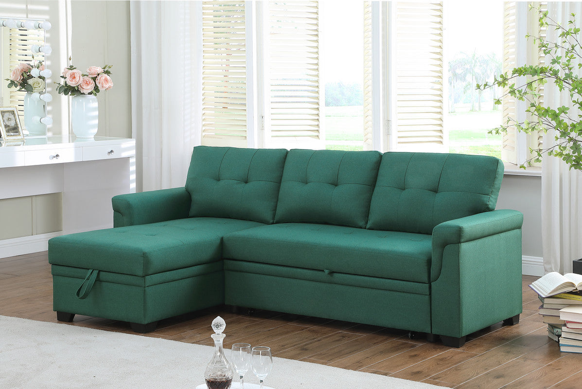 Lucca Emerald Linen Reversible Sleeper Sectional Sofa with Storage Chaise