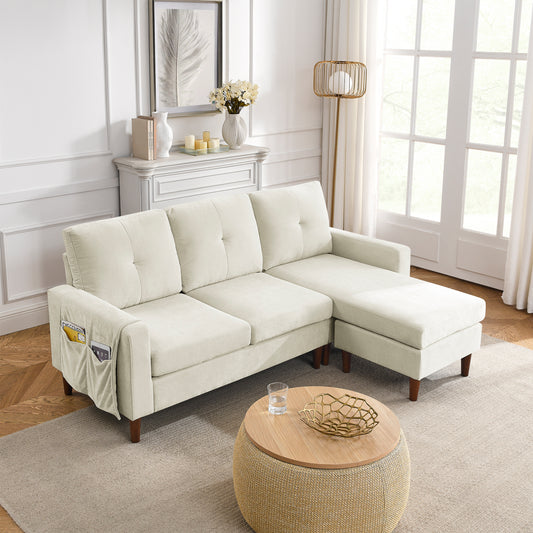 80 Convertible L-Shaped Sectional Sofa with Reversible Chaise and Removable Cushions, Beige Chenille