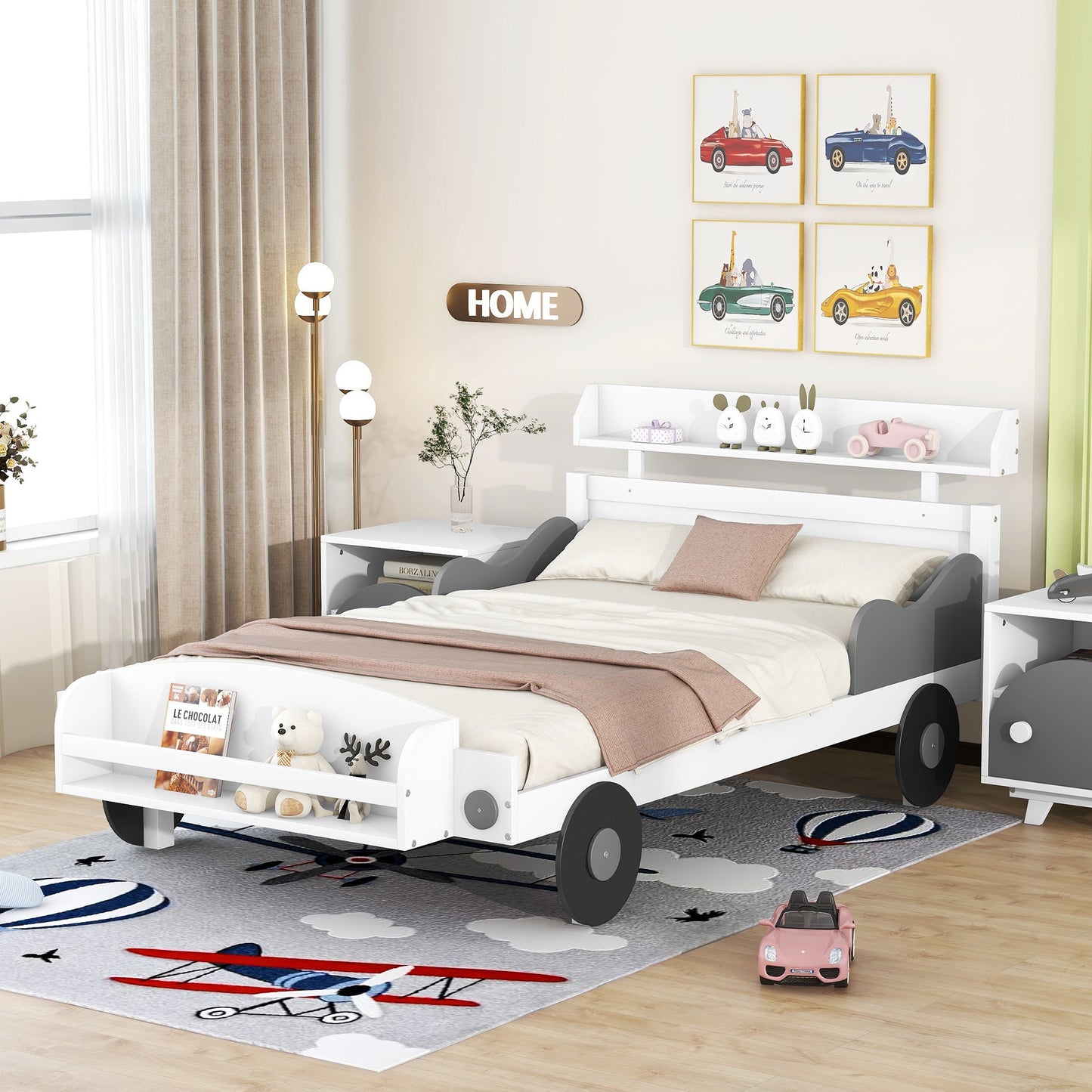 Twin Size Car-Shaped Platform Bed,Twin Bed with Storage Shelf for Bedroom,White