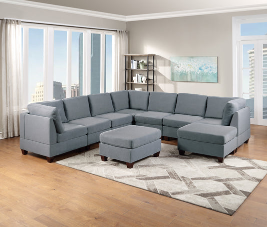 Versatile 9-Piece Grey Linen Sectional Sofa Set with Ottomans