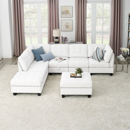 L-shaped Ivory Chenille DIY Modular Sectional Sofa