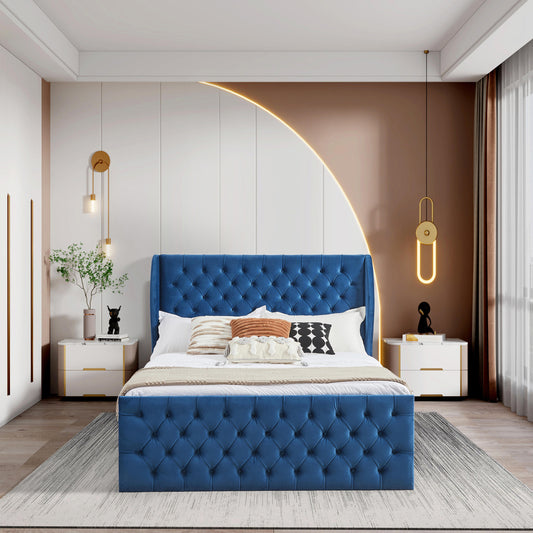 King Size Platform Bed Frame, Velvet Upholstered Sleigh Bed with Scroll Wingback Headboard & Footboard/Button Tufted/No Box Spring Required/Easy Assembly/Blue