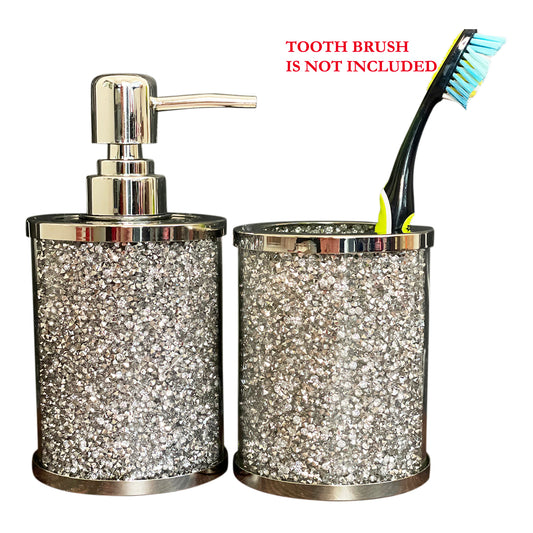 Exquisite Silver Glass Bath Set with Soap Dispenser and Toothbrush Holder