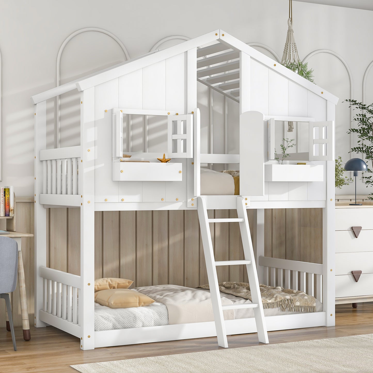 Cabin Inspired Kids' White Bunk Bed with Roof, Window, and Door