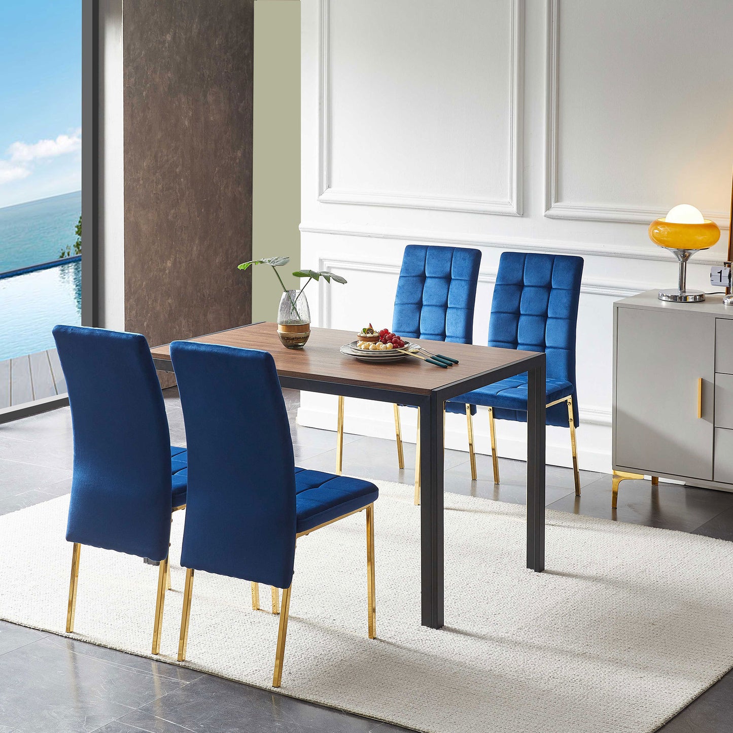 5-Piece Dining Set Including Blue Velvet High Back Golden Color Legs Nordic Dining Chair & Creative Design MDF Dining Table