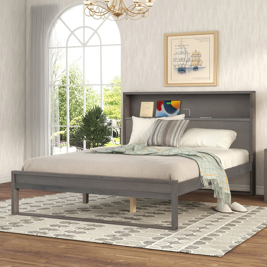 Platform Bed with Storage Headboard,Sockets and USB Ports,Queen Size Platform Bed,Antique Gray