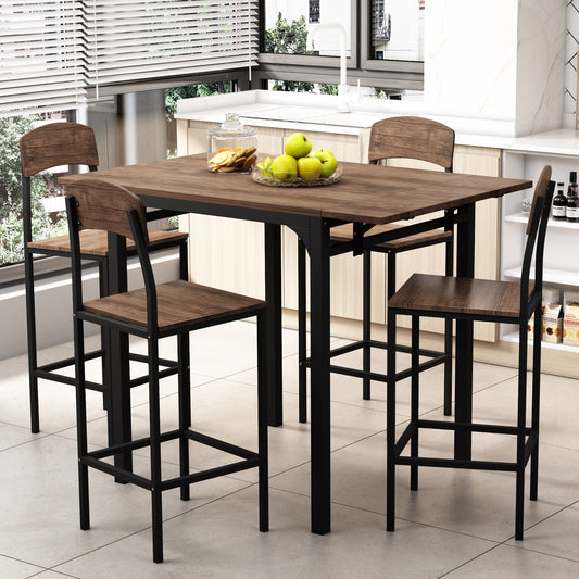 Farmhouse 5-piece Counter Height Drop Leaf Dining Table Set with Dining Chairs for 4,Black Frame+Brown Tabletop