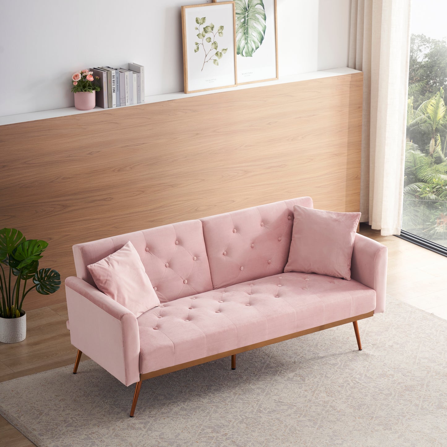 Elegant Pink Velvet Sofa Bed with Nail Head Accents and Throw Pillow