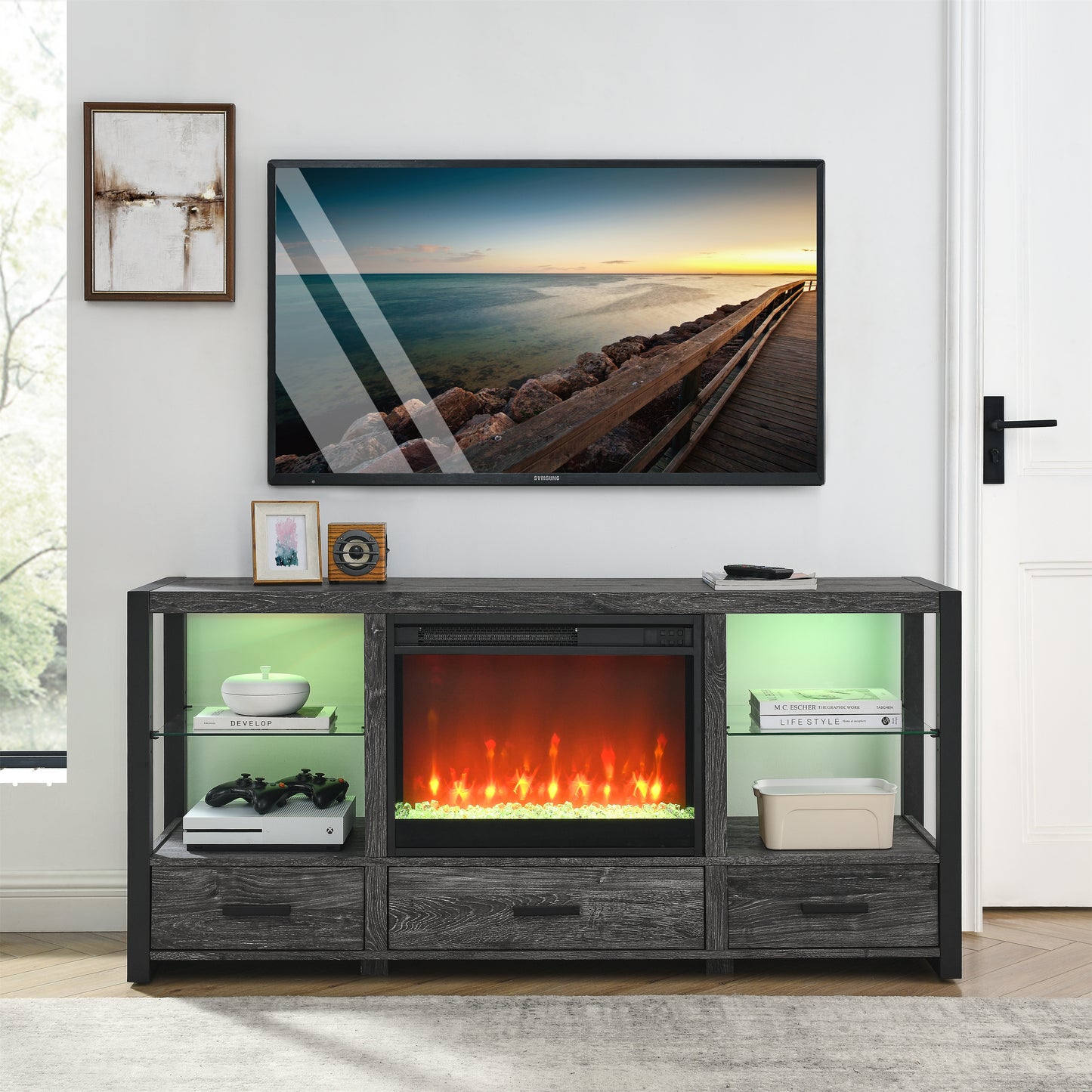 60 Inch Electric Fireplace Media TV Stand with Sync Colorful LED Lights - Dark Rustic Oak Finish