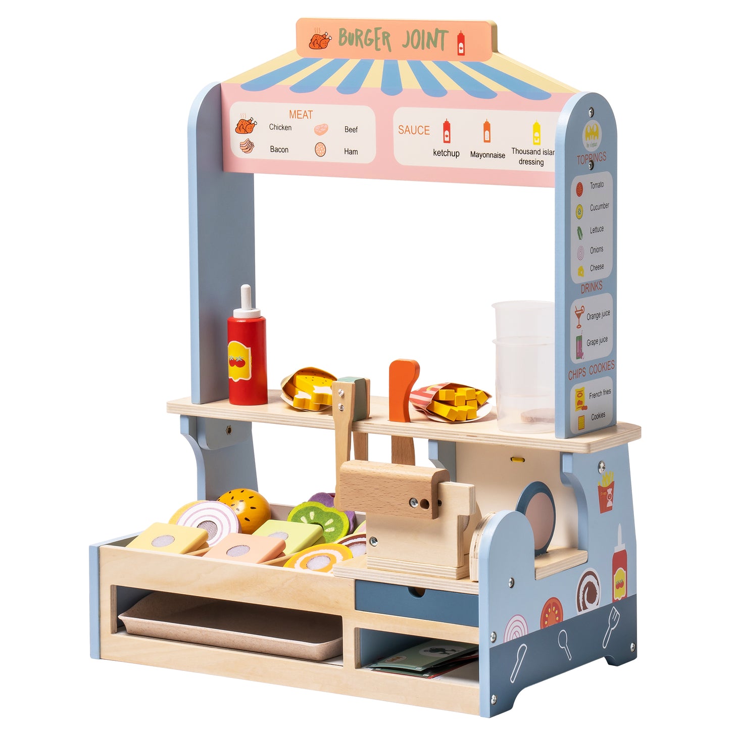 Wooden Slice & Stack Sandwich Counter with Deli Slicer and Rotating Drink Machines - Interactive Kitchen Food Set for Toddlers and Kids 3+