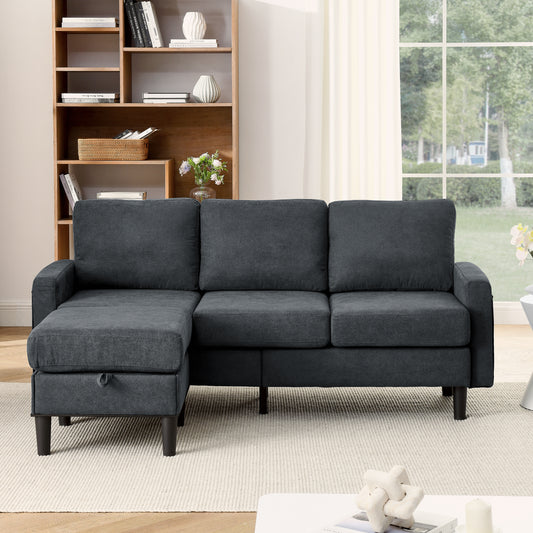 Upholstered Sectional Sofa Couch, L Shaped Couch With Storage Reversible Ottoman Bench 3 Seater for Living Room, Apartment, Compact Spaces, Fabric Dark Gray