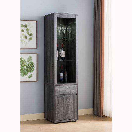 Grey Wine Cabinet with Glass Shelves, Storage Drawer, and LED Light