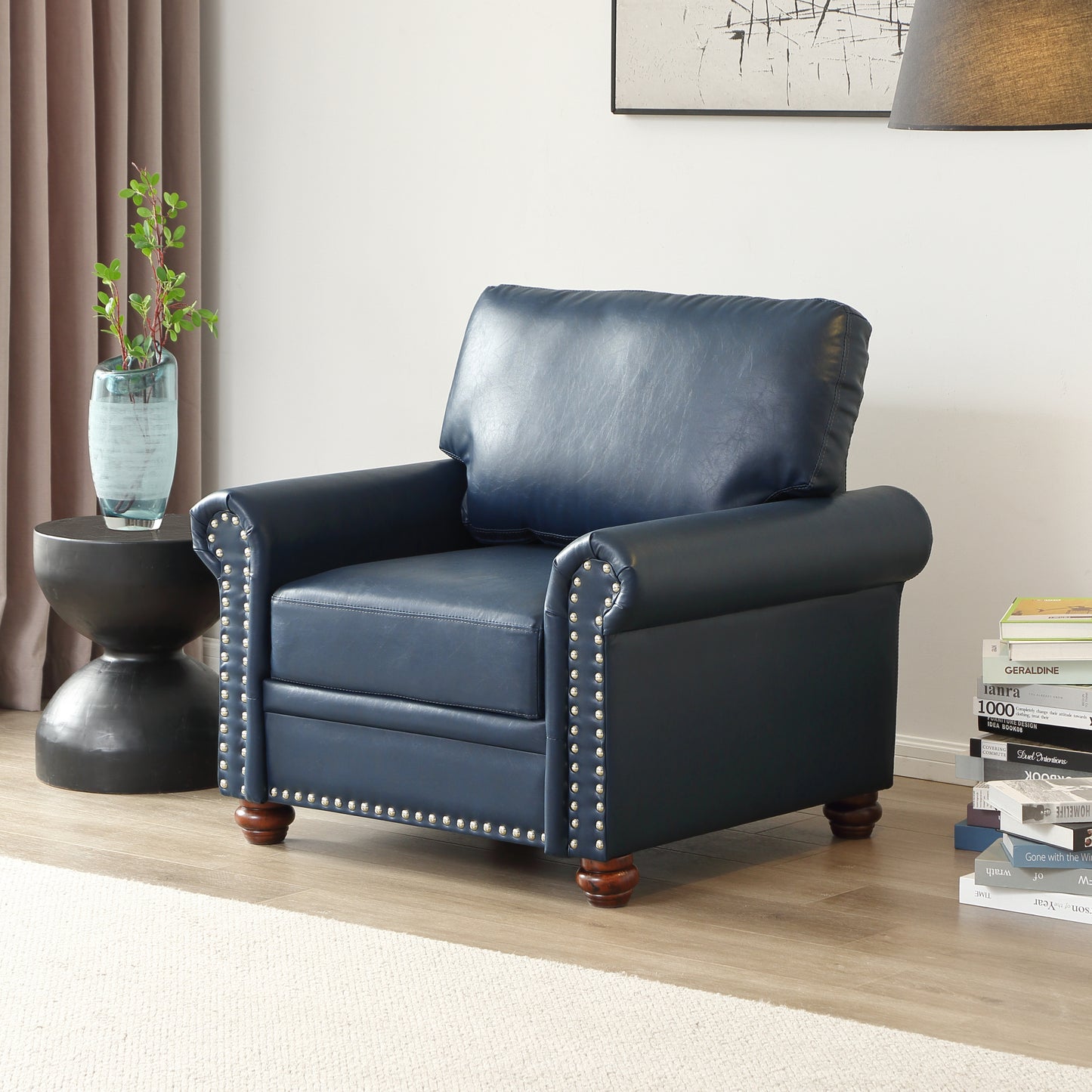 Living Room Sofa Single Seat Chair with Wood Leg Navy Blue Faux Leather