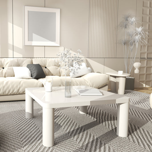 Cream White Square Coffee Table with Rounded Corner Design