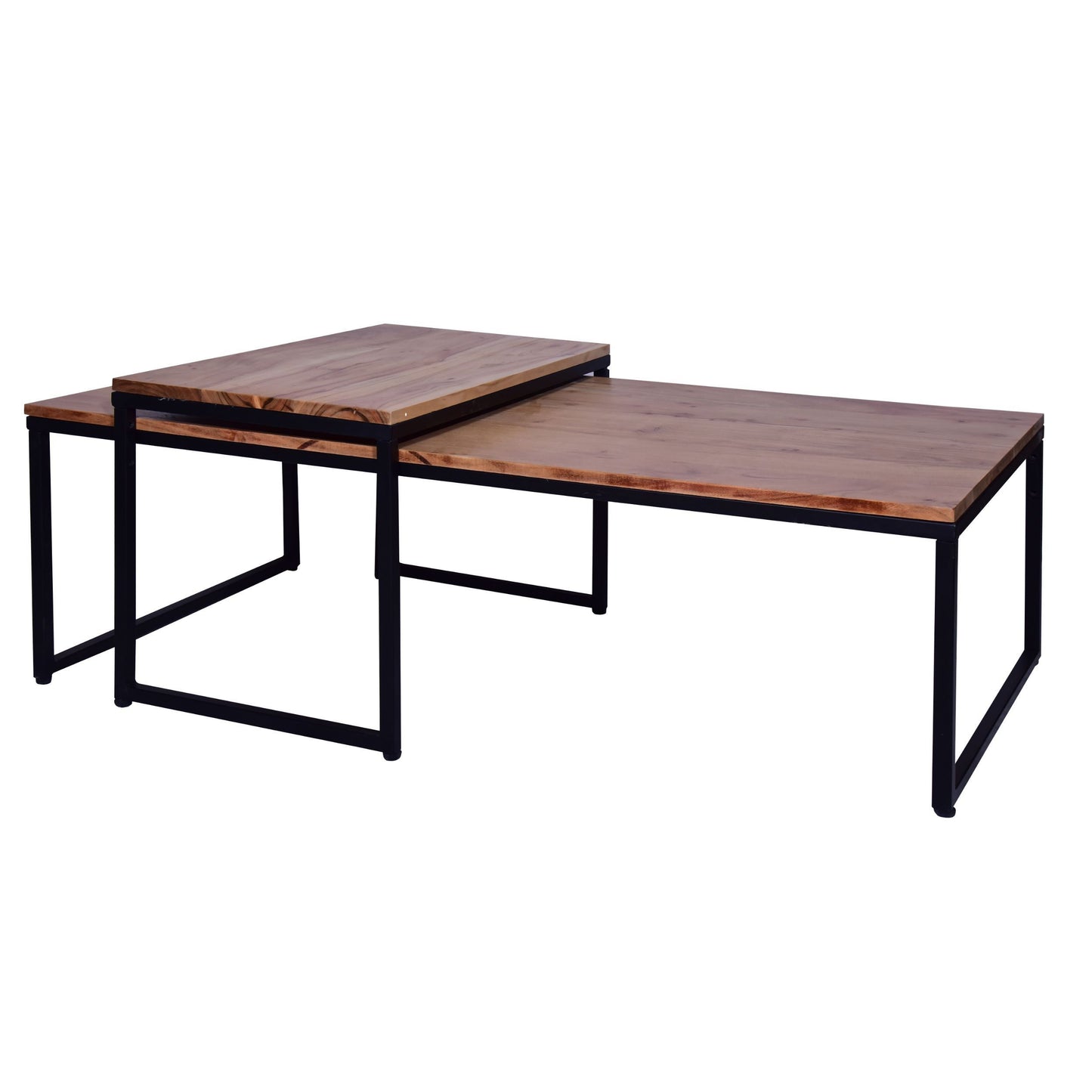 Brown and Black 2-Piece Rectangular Wood Nesting Coffee and End Table Set with Sled Metal Base