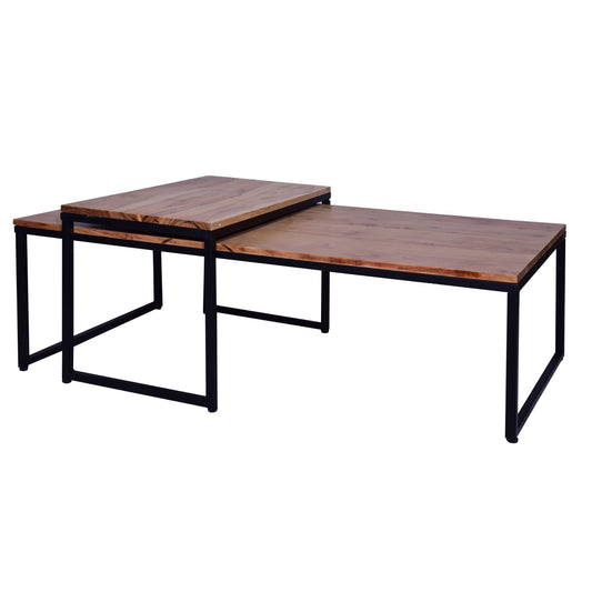 Brown and Black 2-Piece Rectangular Wood Nesting Coffee and End Table Set with Sled Metal Base
