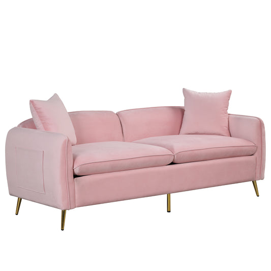 Velvet Upholstered Sofa with Armrest Pockets and 2 Pillows, Pink, 3-Seat