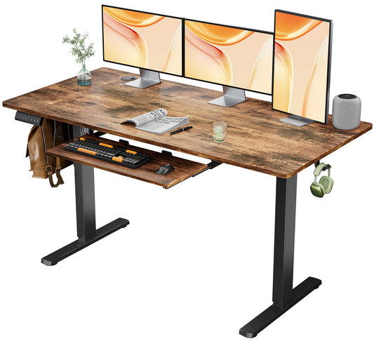 Adjustable Electric Standing Desk with Keyboard Tray - 55 x 24 Inches, Rustic Brown