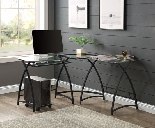 Dazenus Glass-Top L-Shaped Computer Desk in Black Finish