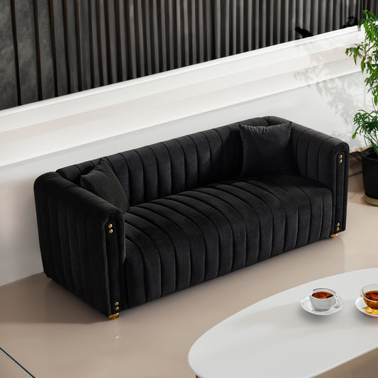 79.92 Black Channel Tufted Velvet Sofa with Generous Padding and Stylish Design