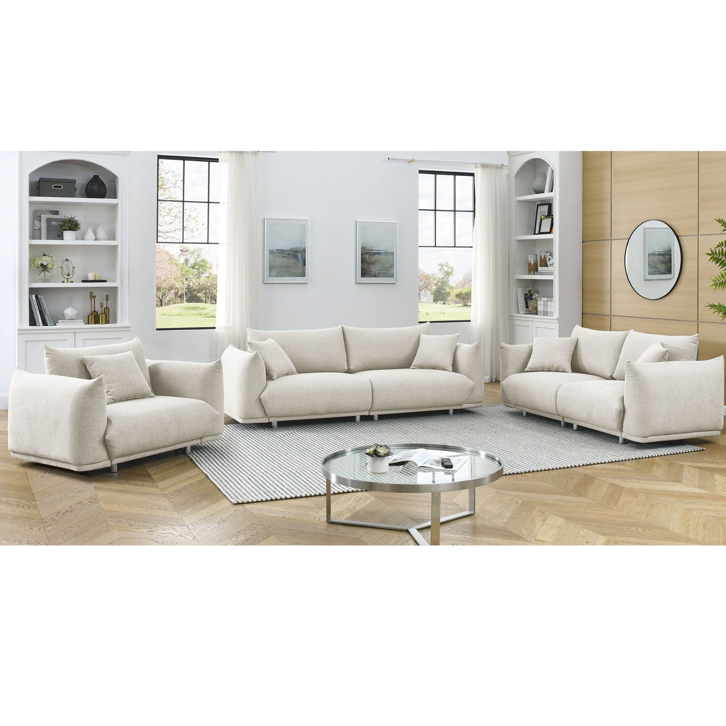 Modern 3-Piece Sofa Set with Solid Wood Frame, Metal Legs, and 5 Pillows