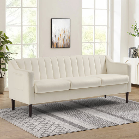 Modern Chesterfield sofa couch, Comfortable Upholstered sofa with Velvet Fabric and Wooden Frame and Wood Legs for Living Room/Bed Room/Office Withe --3 Seats